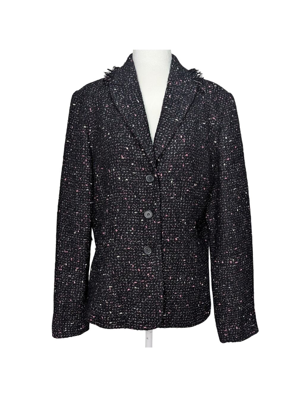 Apostrophe Black & Pink Wool Blend Tweed Fringed Collar Button Up Blazer Size 14